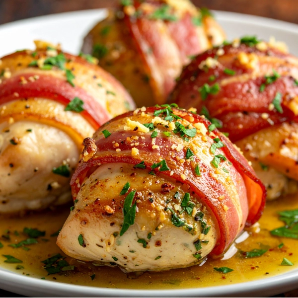 Bacon Wrapped Chicken in Garlic and Herb Butter